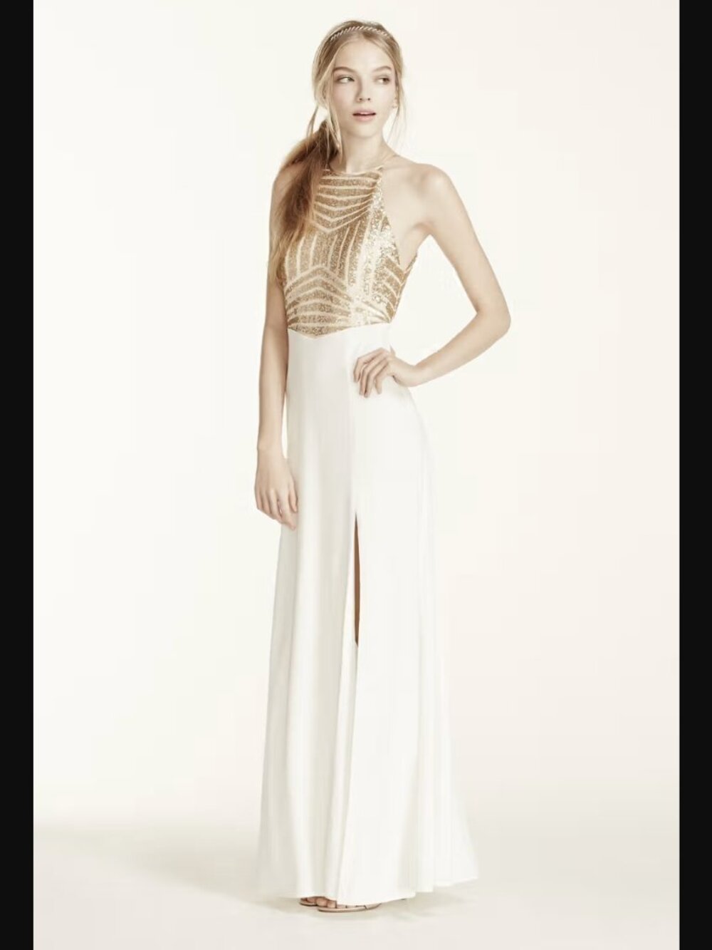 Gold-Sequin Cream Slit Dress | sz 3